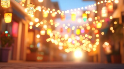 Fototapeta premium Ramadan, Festive street adorned with glowing lanterns, vibrant colors creating a warm atmosphere, perfect for celebrations and gatherings.