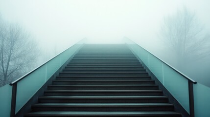 A modern bridge ascends into thick fog, merging sleek design with a mysterious atmosphere, inviting thoughts of transition and discovery.