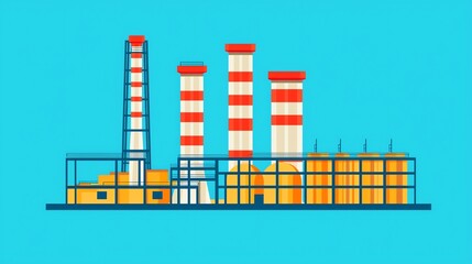 Modern Factory Illustration with Chimneys and Structures on Clean Blue Background