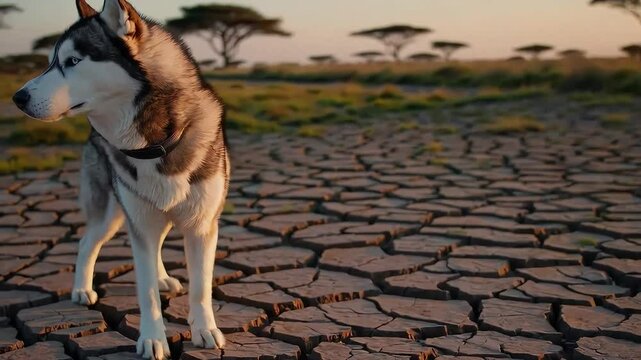 Siberian Husky with striking blue eyes standing on parched earth with sparse trees in the background during a sunset. Majestic and calm expression.