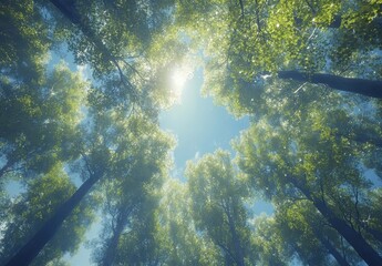 Fototapeta premium Serene view of tree tops under bright blue sky and sunlight filtering through lush green leaves in a tranquil forest environment