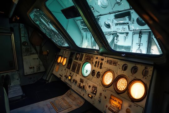 Spacecraft interior with illuminated control panel for space exploration, digital interfaces concept for science, technology, engineering, mathematics for education