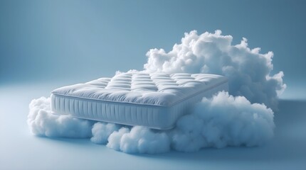 a bed mattress floating on the sky with clouds around, concept of the comfy and soft of sleeping experience, space for copy