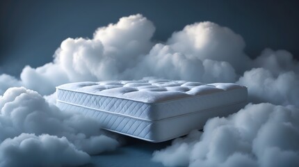 a bed mattress floating on the sky with clouds around, concept of the comfy and soft of sleeping experience, space for copy