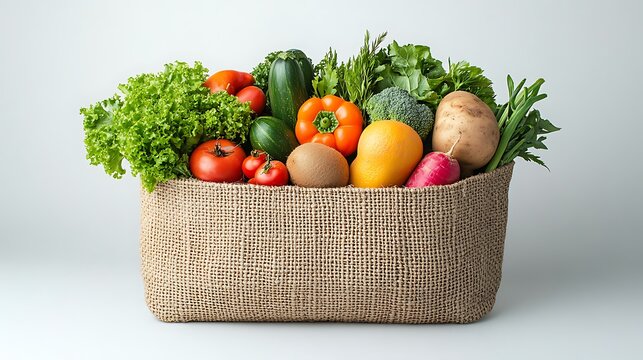 A simple tote bag full of seasonal fruits and vegetables against a white background promoting healthy eating habits