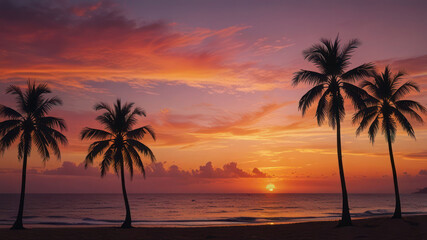 The pixelated beach scene with a vibrant orange and pink sunset, silhouetted palm trees swaying in the breeze is a beautiful and serene sight.