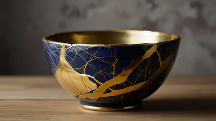 This bowl highlights the art of kintsugi with stunning gold cracks, celebrating its history and unique charm in a contemporary setting.