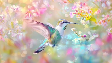 Fototapeta premium A hummingbird hovers gracefully in a colorful garden filled with blooming flowers. The atmosphere is bright and lively, showcasing the beauty of spring
