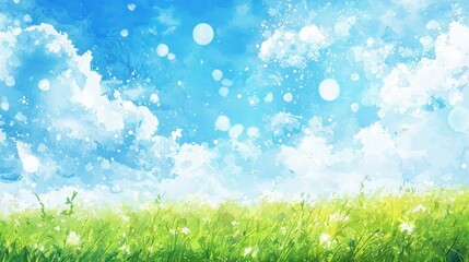 A vibrant landscape features bright green grass swaying gently under clear blue skies filled with soft, fluffy clouds. The cheerful atmosphere invites relaxation and enjoyment of nature