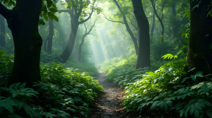Sunlit Green Forest Path - Peaceful Woodland Scene with Sunlight Rays Through Lush Trees, Nature Photography, Hiking Trail