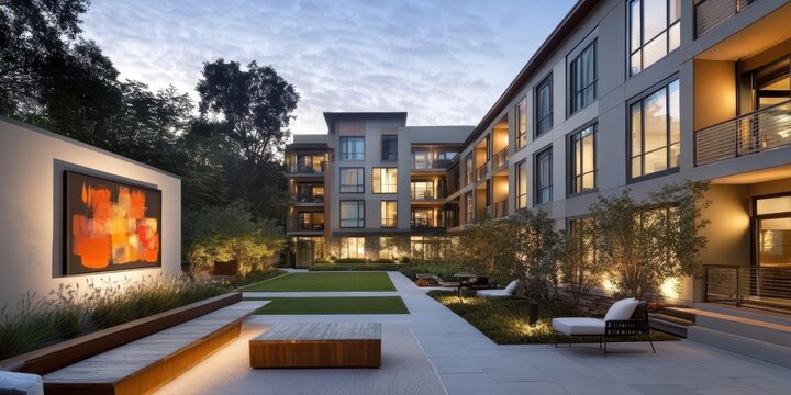 An illuminated modern apartment building and its courtyard at dusk