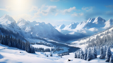 Fototapeta premium A snowy mountain range with a river running through it