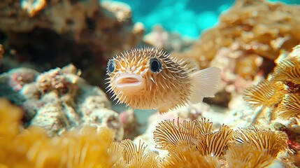 Fototapeta premium Adorable Porcupinefish in Vibrant Coral Reef