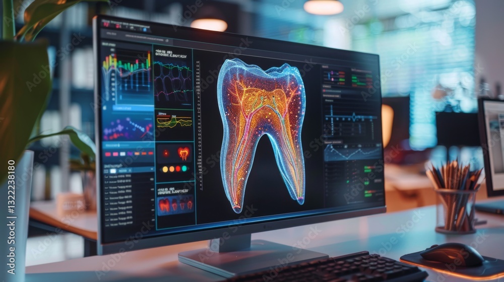 Poster A computer screen displays an intricate visualization of a tooth's anatomy alongside various dental health metrics in a contemporary office setting during daylight.
