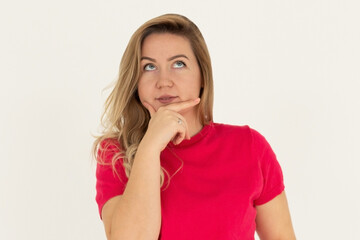 Closeup photo of amazing lady looking up empty space deep thinking creative person arm on chin wear...