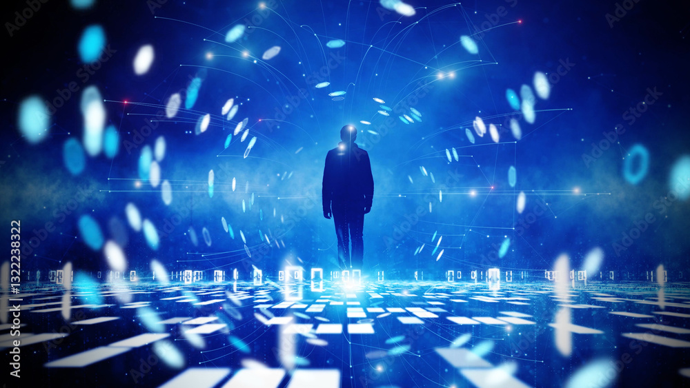 Wall mural businessman walks into a futuristic cyberspace tunnel with binary code data. people in digital world