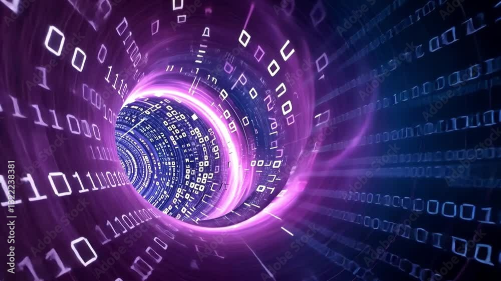 Poster swirling vortex of binary code and digital data streams in vibrant purple and blue hues creates futu