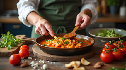 Preparing Rustic Homemade Tomato Pasta Dish with Fresh Herbs in Kitchen