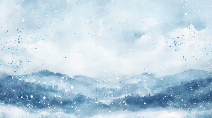 A tranquil winter scene showcases soft blue mountains fading into the background, with gentle clouds above and delicate snowflakes gently falling, creating a peaceful ambiance