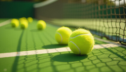 Close-up of tennis balls on the court with a playful atmosphere and net background