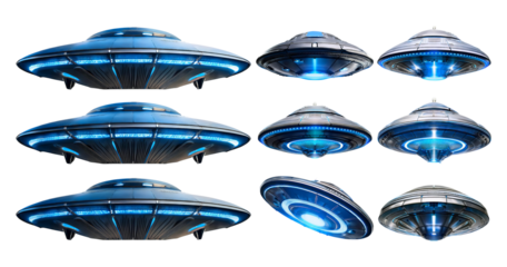 Futuristic Flying Saucer Collection with Bright Blue Lights, PNG bundle collection, Isolated on Transparent Background