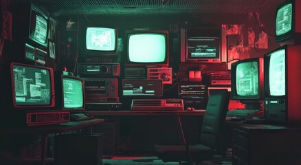 A dimly lit room contains many glowing computer screens