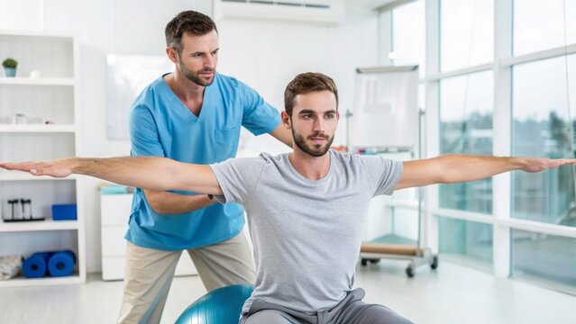Physical therapy improves mobility and supports joint health. Therapist assisting a man with physical rehabilitation exercises.