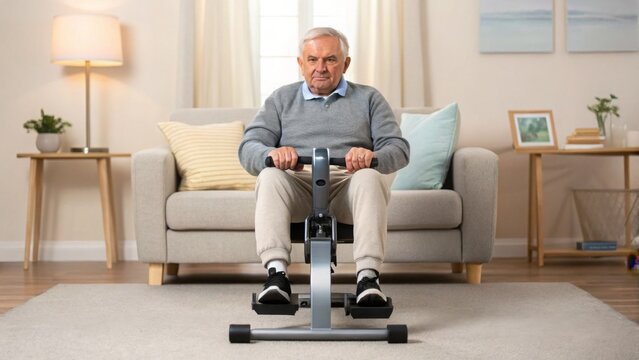 Physical therapy improves mobility and supports joint health. Senior man exercising at home on a stationary bike.