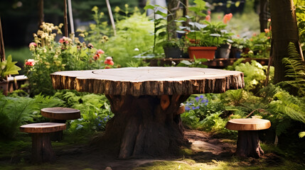 Fototapeta premium A wooden table with three wooden seats and a large tree stump in the middle