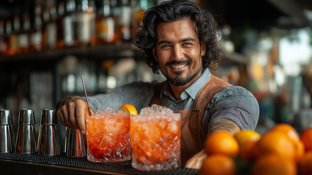 A friendly bartender presents two colorful cocktails adorned with fruit garnishes. The lively bar, illuminated by warm light from behind, enhances the inviting atmosphere