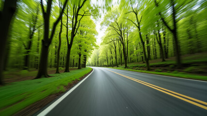 Fototapeta premium car on the road in the spring forest. speed motion blur effect