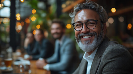 Business professionals take a coffee break in a cozy cafe, enjoying warm drinks and each other's company while sharing stories and smiles in a lively atmosphere