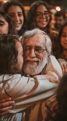 Fototapeta premium Heartfelt reunion of friends and family celebrating the conclusion of Yom Kippur fast in a warm embrace at sunset