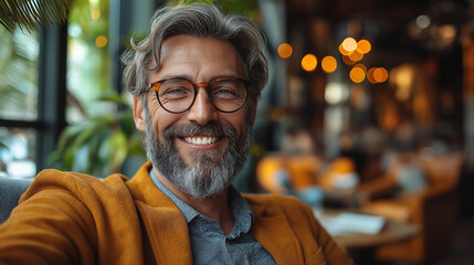 In a lively cafe setting, a group of businessmen relaxes and engages in animated discussions over coffee, enjoying their break amidst a vibrant ambiance filled with warm lights and green plants