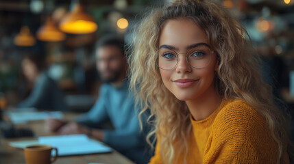A group of creative business individuals engage in a collaborative work session in a stylish office. The atmosphere is lively, and ideas flow freely among the team