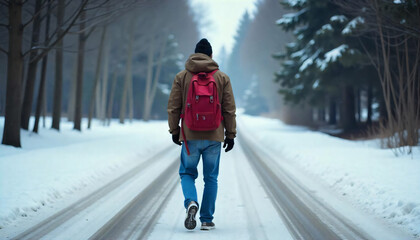 A Man in a Red Backpack Trekking Through a Winter Landscape.