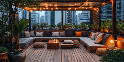 Fototapeta premium A luxurious rooftop patio featuring comfortable seating and beautiful lights