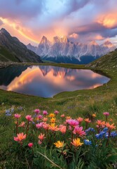 Stunning Landscape of Colorful Wildflowers in Front of Majestic Mountain Range Under Vibrant Sunset Reflected in Peaceful Lake Water