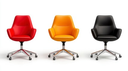 Obraz premium Three modern office chairs in red, yellow, and black leather upholstery, on a white background
