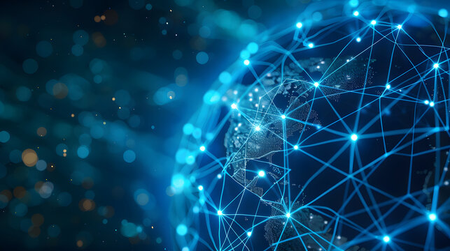 A blue globe with a network of lines surrounding it - Powered by Adobe