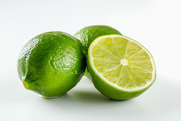 Juicy green limes with water droplets on clean white background. Freshly cut lime slice reveals its vibrant citrus texture. Concept of tropical fruit, vitamin C, freshness and natural flavors