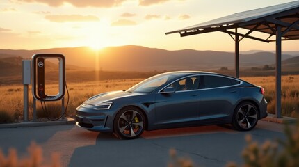 Fototapeta premium Charging an Electric Car During Sunset in a Serene Landscape
