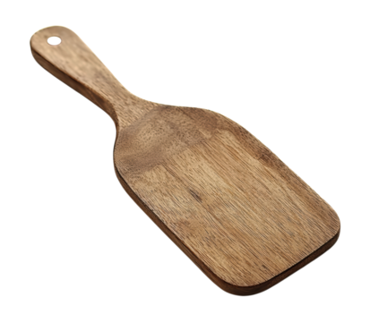 Rustic Handcrafted Wooden Serving Paddle Board with Natural Wood Grain Pattern and Handle for Kitchen Use Isolated on Transparent and White Background