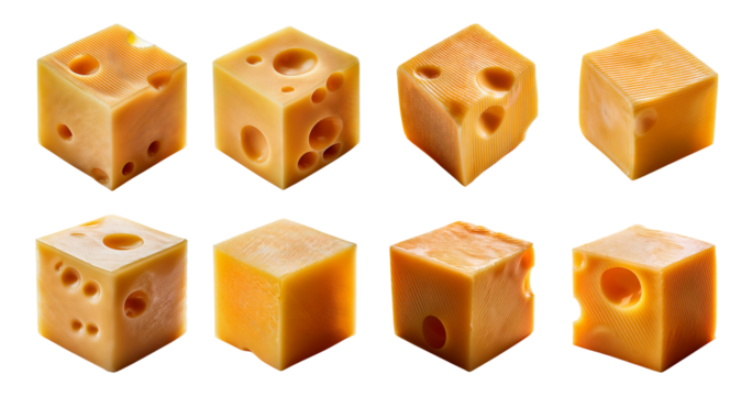 Various Cheddar Cheese Cubes with Unique Holes and Textures, isolated on transparent background