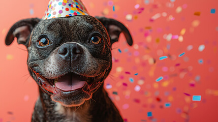 A cheerful dog dressed in a colorful party hat enjoys a celebration surrounded by vibrant confetti. This moment captures pure joy and excitement in a cozy indoor atmosphere