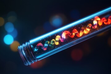 Colorful cosmic spiral inside a glass vial illuminated by a dreamy backdrop of swirling lights