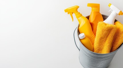 Metal bucket with yellow cleaning supplies and cloths on white background. Top view