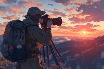 Fototapeta premium Photographer with camera and backpack capturing the sunset landscape at dusk