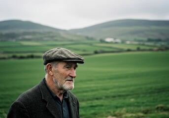 Old man wearing tweed cap looking at green countryside. Agriculture life and farming. Portrait for advertising of irish traditions and for greeting card