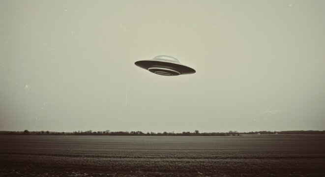 Vintage style image of UFO hovering over field. Mystery of unidentified flying object in retro color is for posters and print, retro sci-fi and alien abduction concept.